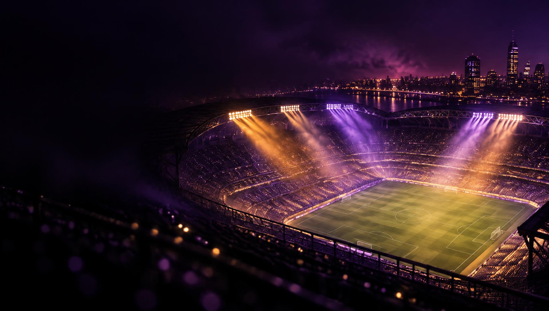 Stadium under golden and violet floodlights